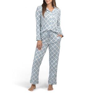 POPPY & CLAY Blue Cotton Plaid Be Natural Long Sleeve Top And Pants Pajama Set